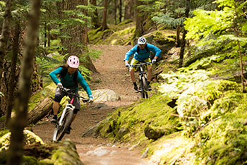 Friends mountain biking down a trail